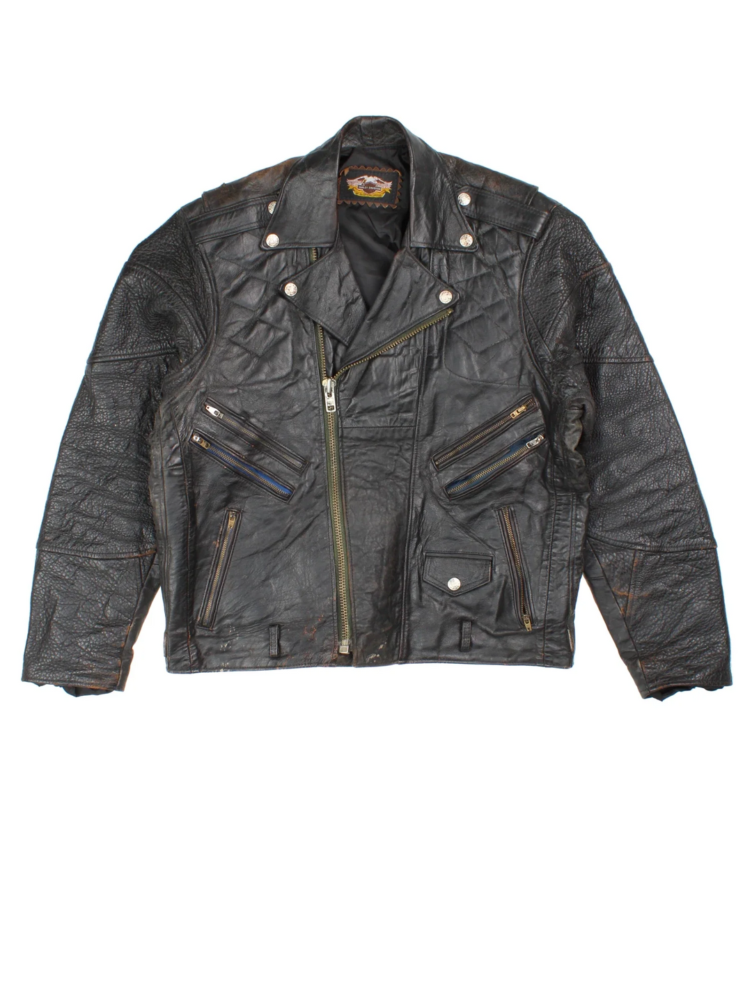 90's Harley-Davidson USA Leather Biker Jacket in a black colourway. Zips up and has multiple pockets, and big USA flag on the back as well as the spell out.