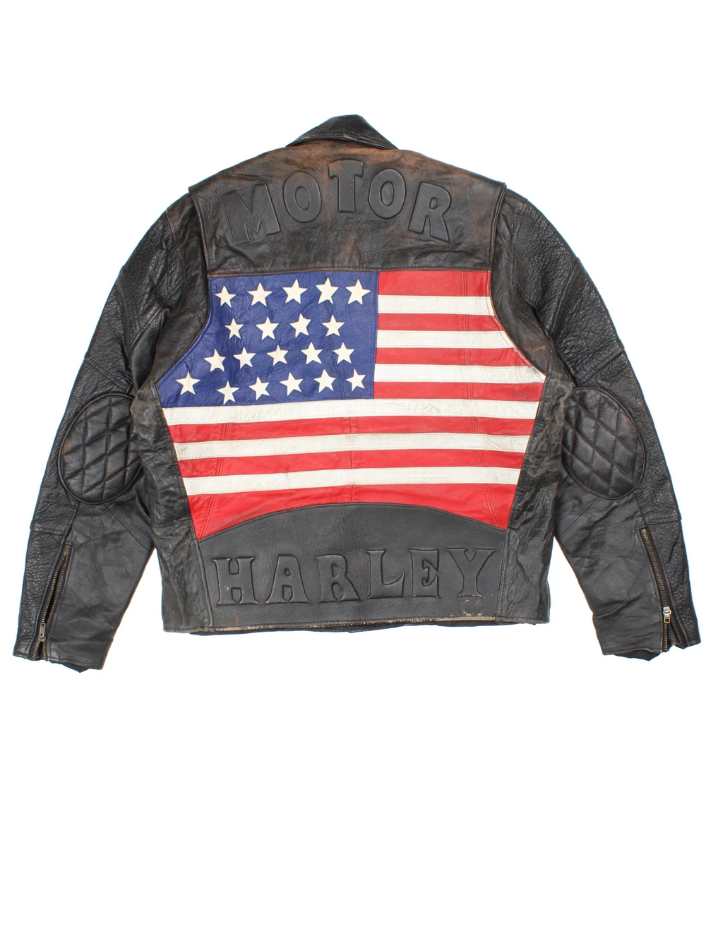 90's Harley-Davidson USA Leather Biker Jacket in a black colourway. Zips up and has multiple pockets, and big USA flag on the back as well as the spell out.