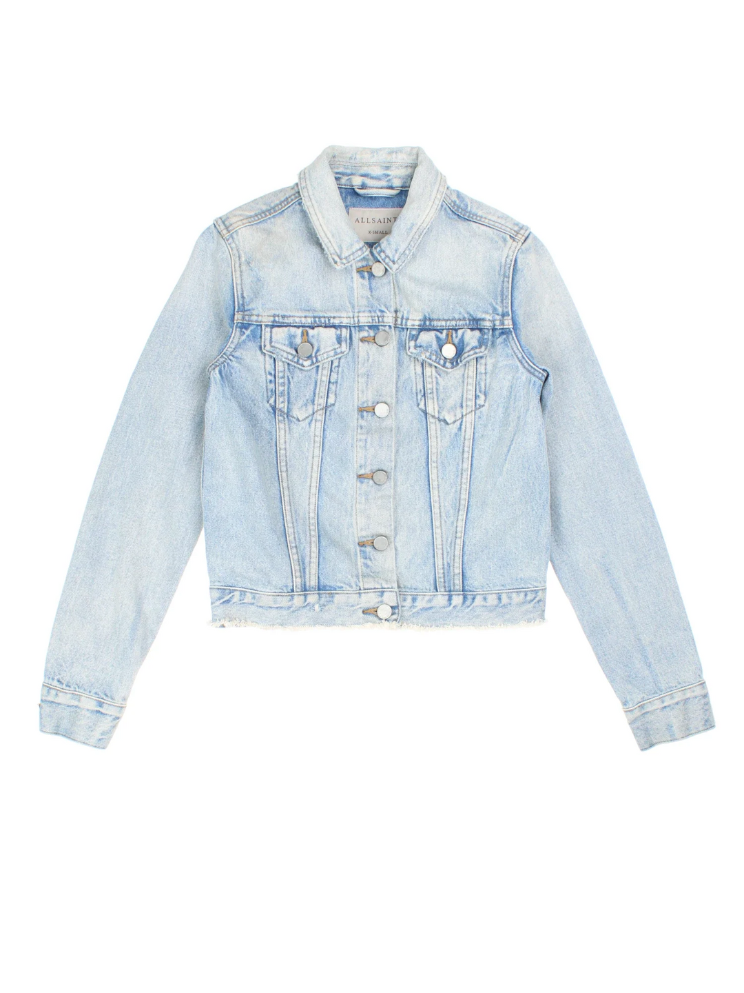 Y2K All Saints Denim Jacket in a blue colourway. Buttons up and has double chest pockets, and distressed detailing with frayed hem.