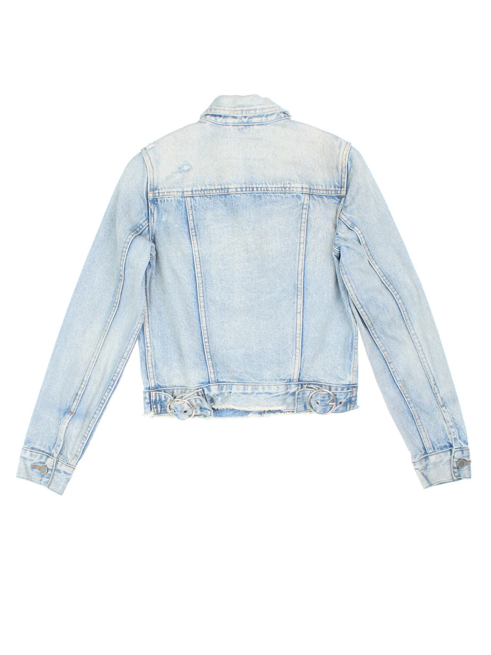 Y2K All Saints Denim Jacket in a blue colourway. Buttons up and has double chest pockets, and distressed detailing with frayed hem.
