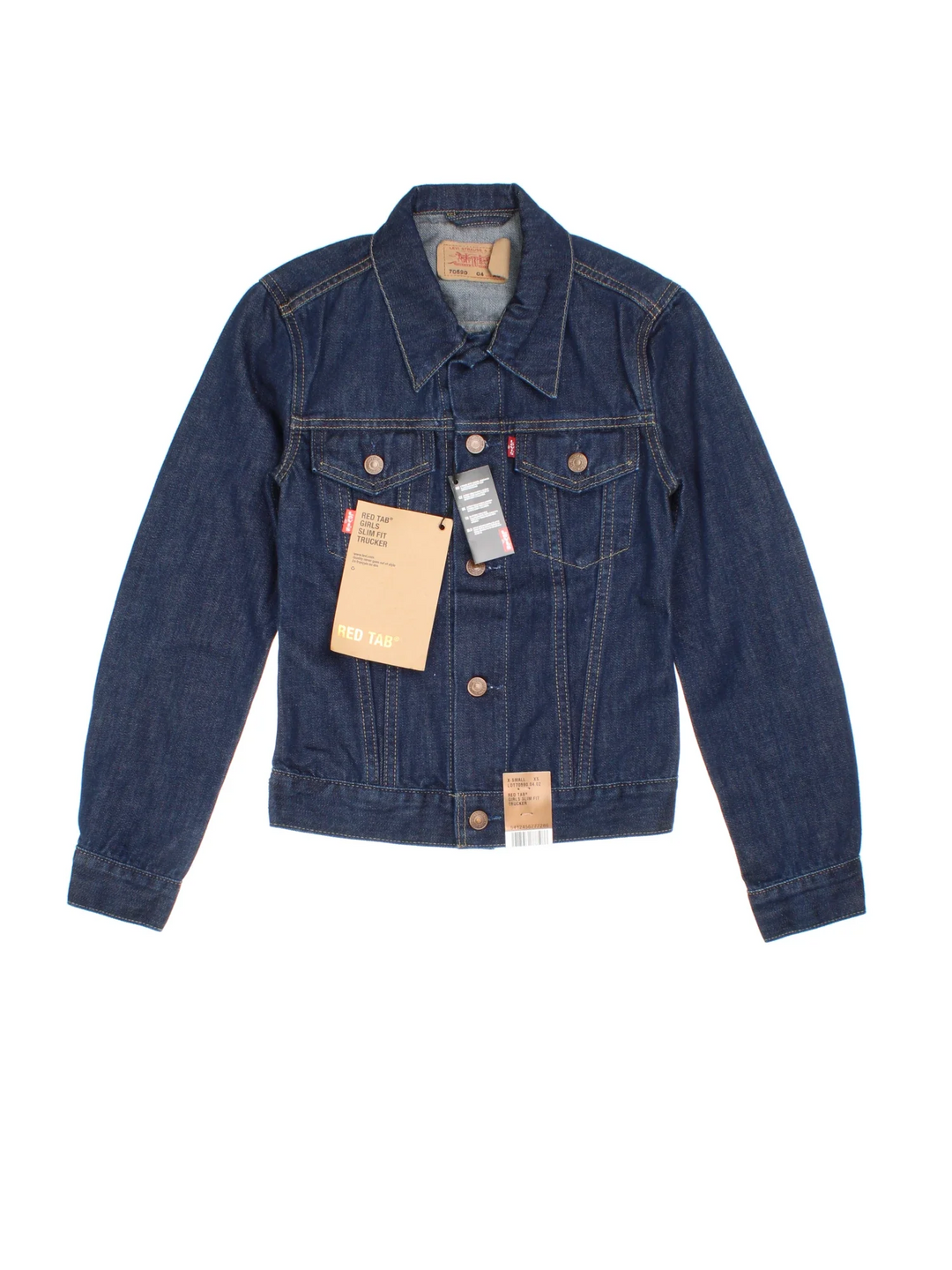 Levi Strauss Denim Trucker Jacket in a blue colourway. Buttons up and has double chest pockets, and the logo tab embroidered on the front, new with tags on.