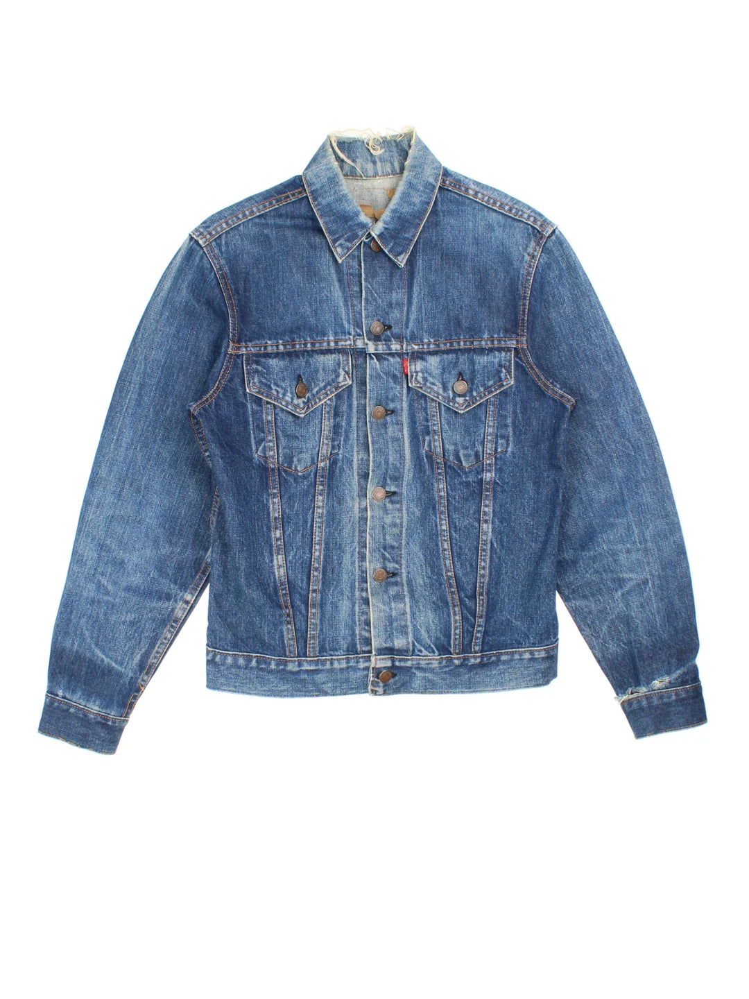 Vintage Levi Strauss Denim Jacket in a blue colourway. Buttons up and has double chest pockets, and the logo tab embroidered on the front.