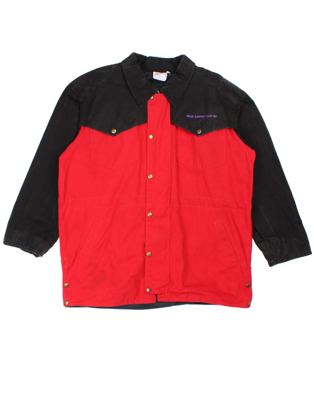Vintage 1997 Bud Light Bull Riders Cup Jacket in a red and black colourway. Button and zip up closure, has multiple pockets, and the spell out embroidered on the front and on the back big graphic logo.