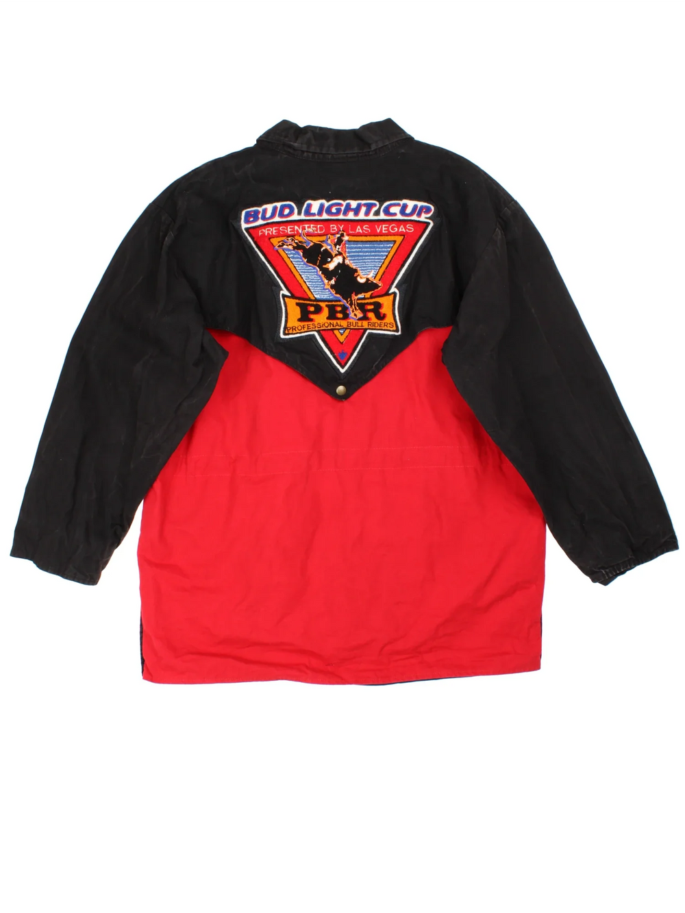 Vintage 1997 Bud Light Bull Riders Cup Jacket in a red and black colourway. Button and zip up closure, has multiple pockets, and the spell out embroidered on the front and on the back big graphic logo.