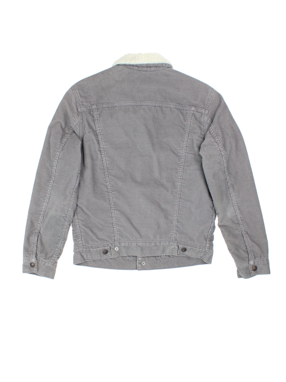 Levi Strauss Sherpa Cord Trucker Jacket in a grey colourway. Buttons up and has multiple pockets, insulated lining, and has the logo tab embroidered on the front.