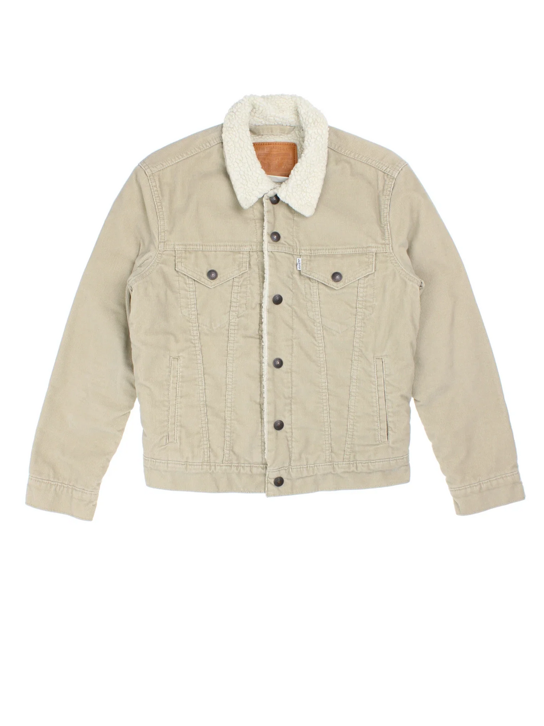 Levi Strauss Sherpa Cord Trucker Jacket in a tan colourway. Buttons up and has multiple pockets, insulated lining, and has the logo tab embroidered on the front.