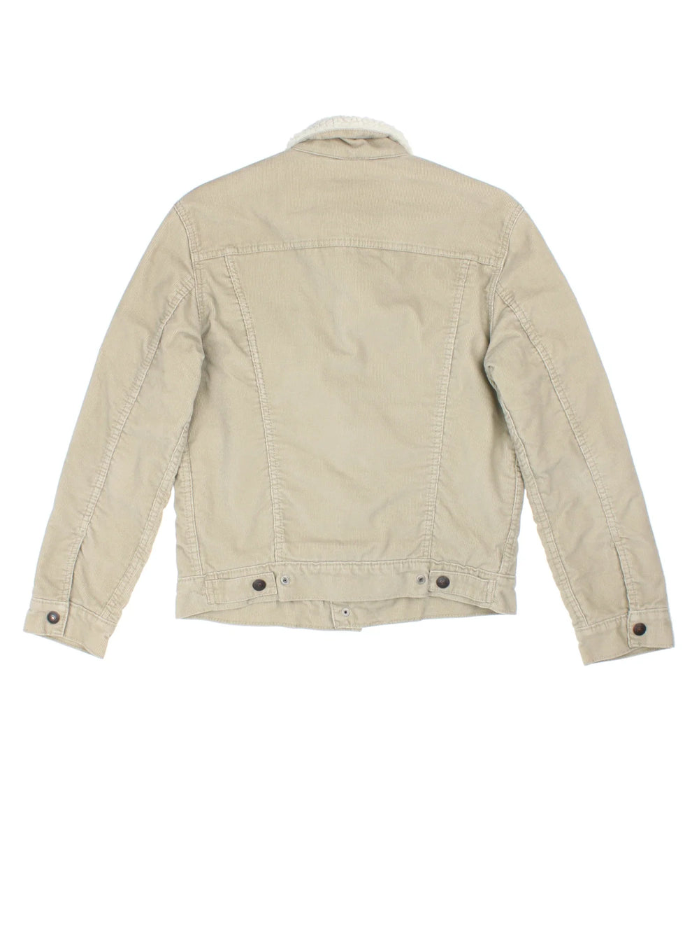 Levi Strauss Sherpa Cord Trucker Jacket in a tan colourway. Buttons up and has multiple pockets, insulated lining, and has the logo tab embroidered on the front.