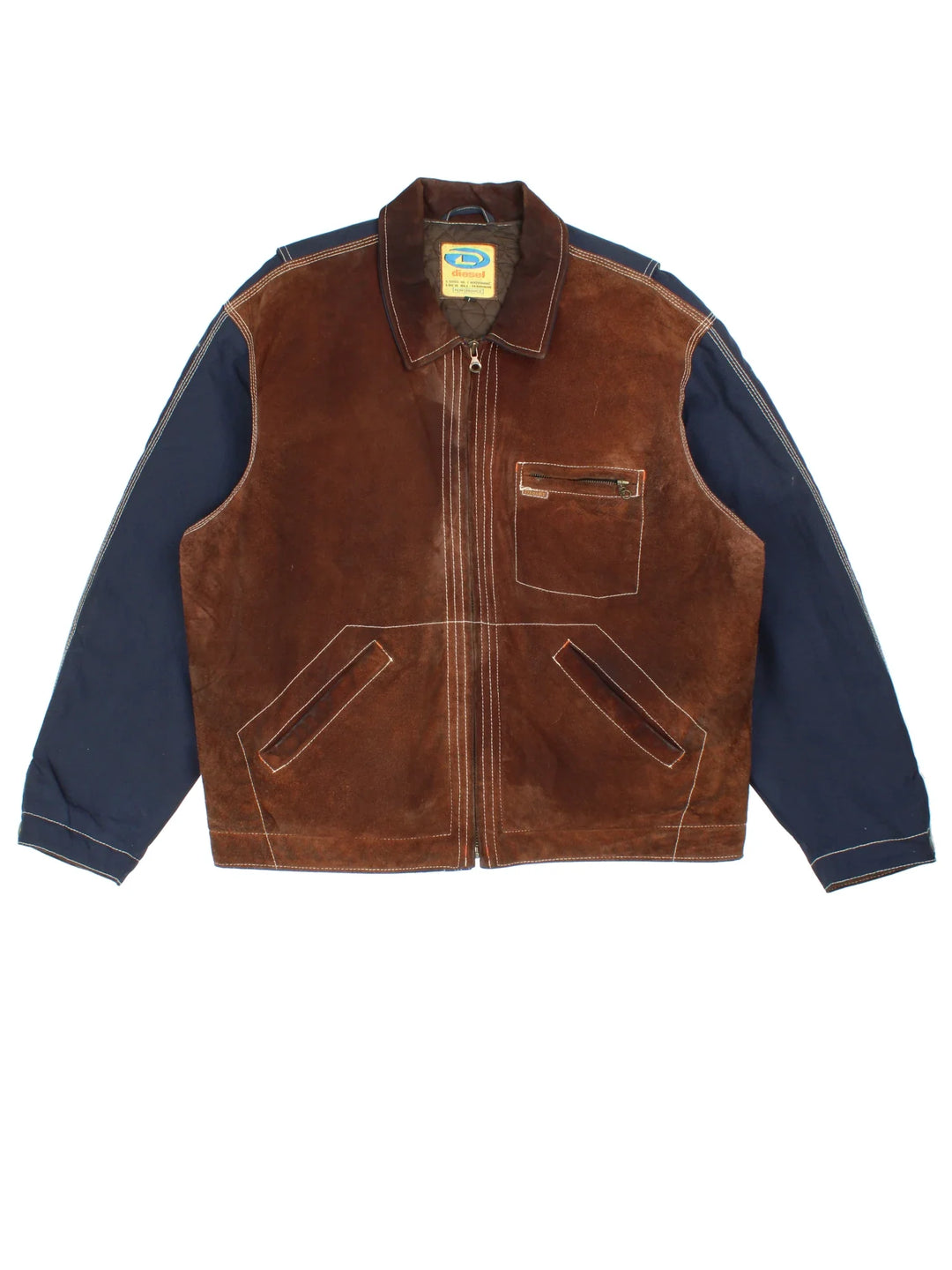90's Diesel Patchwork Jacket in a blue and brown colourway. Canvas material with suede panelling on the front, zip up closure, has multiple pockets, insulated with a quilted lining, and has the logo embroidered on the front.