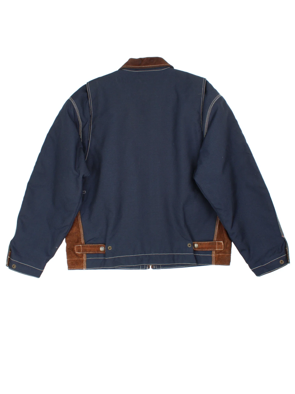 90's Diesel Patchwork Jacket in a blue and brown colourway. Canvas material with suede panelling on the front, zip up closure, has multiple pockets, insulated with a quilted lining, and has the logo embroidered on the front.