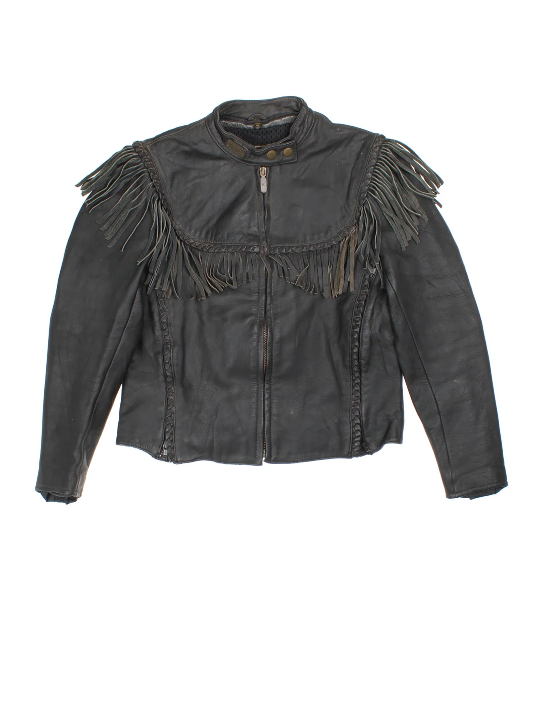 Vintage Harley-Davidson Willie G Leather Biker Jacket in a black colourway. Zips up and has insulated lining, air vent zips on the front and back, fringe tassel detailing, and has the logo embroidered on the collar.
