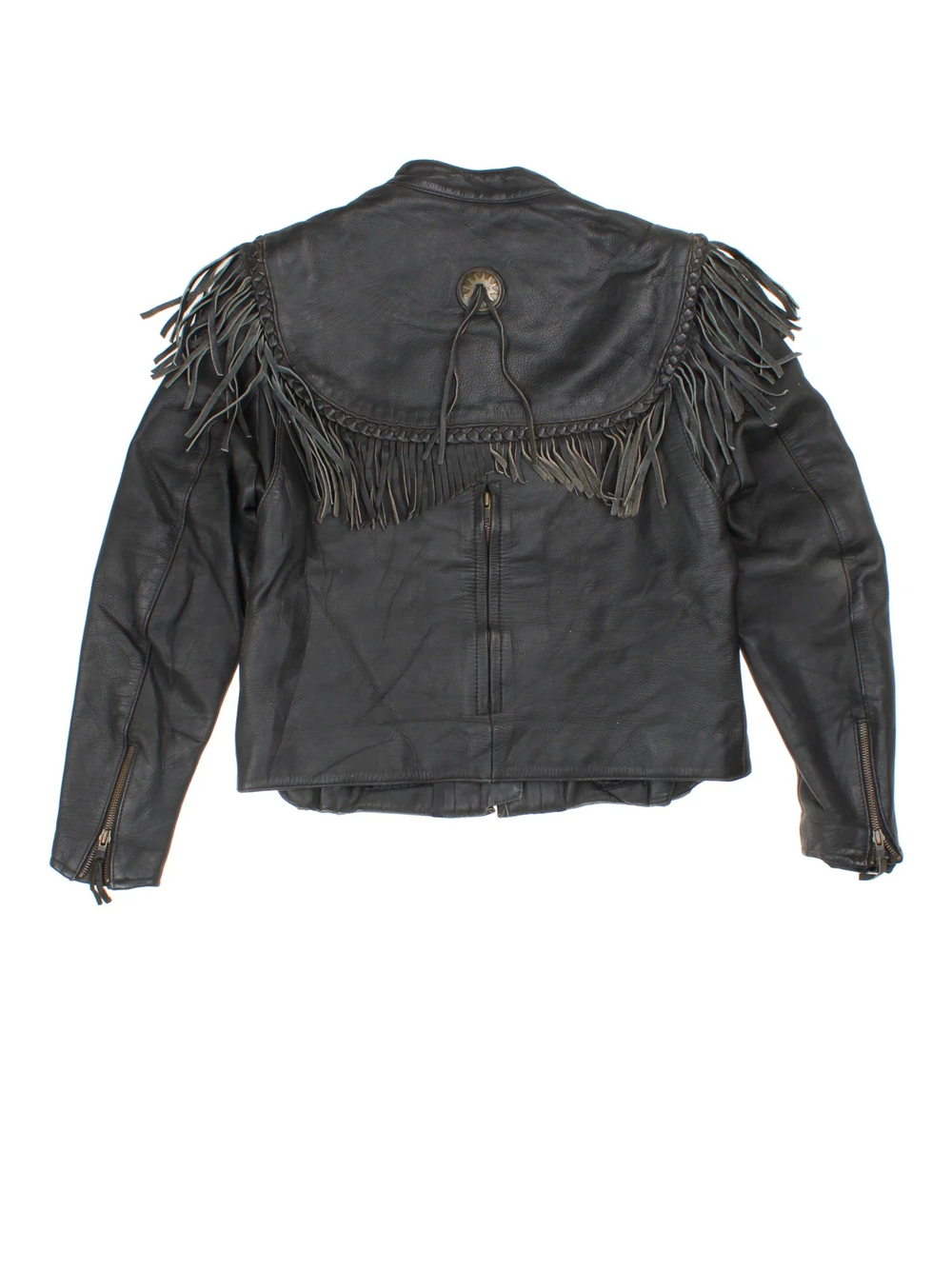 Vintage Harley-Davidson Willie G Leather Biker Jacket in a black colourway. Zips up and has insulated lining, air vent zips on the front and back, fringe tassel detailing, and has the logo embroidered on the collar.
