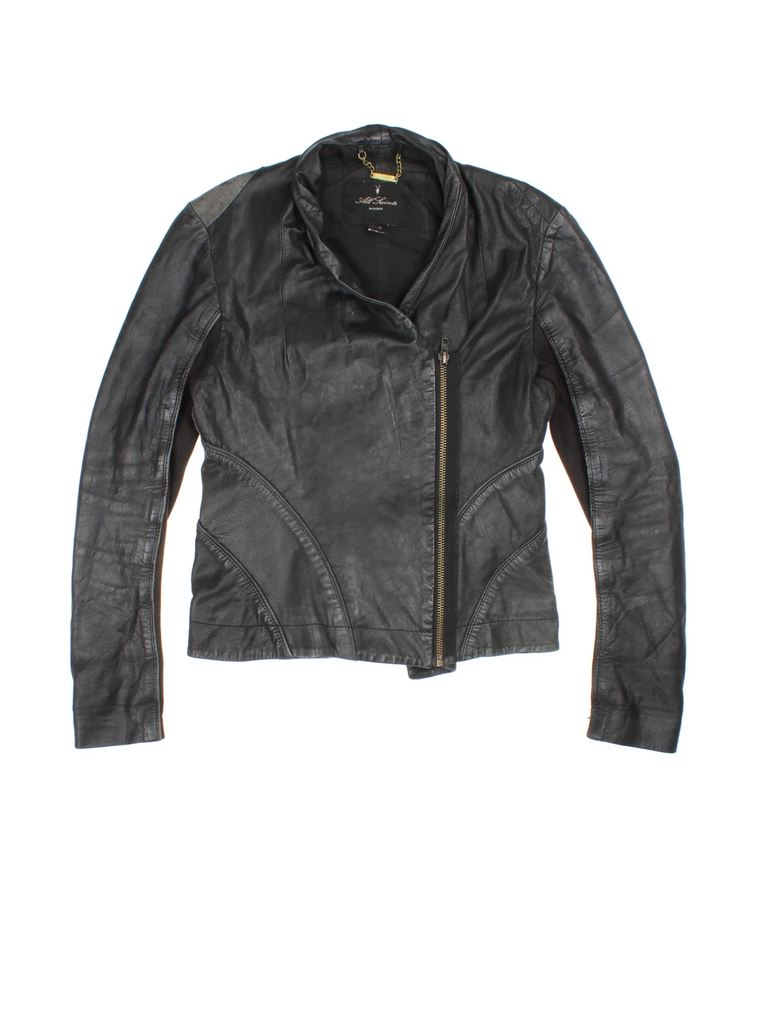 Y2K All Saints Leather Biker Jacket in a black colourway. Zips up and has a big collar, and embroidered pannel detailing all over.