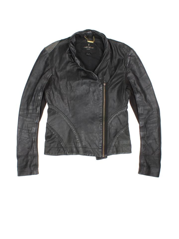 Y2K All Saints Leather Biker Jacket in a black colourway. Zips up and has a big collar, and embroidered pannel detailing all over.