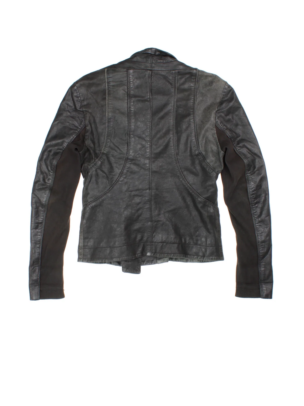 Y2K All Saints Leather Biker Jacket in a black colourway. Zips up and has a big collar, and embroidered pannel detailing all over.