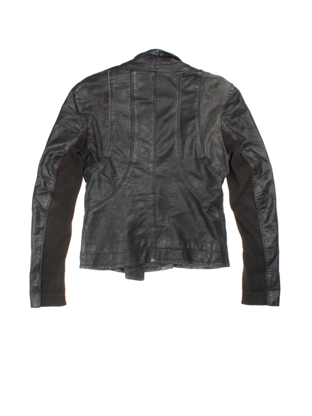 Y2K All Saints Leather Biker Jacket in a black colourway. Zips up and has a big collar, and embroidered pannel detailing all over.