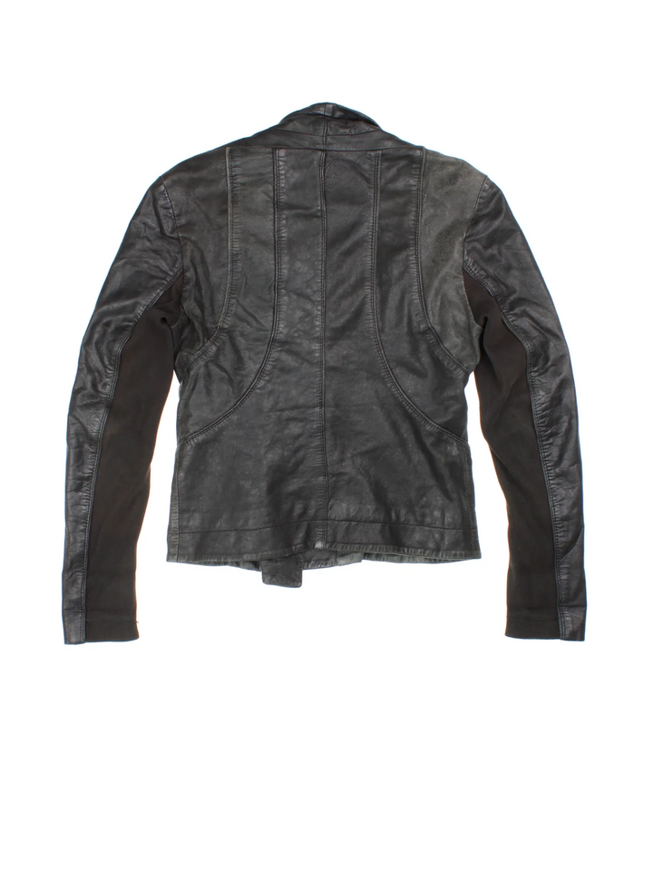 Y2K All Saints Leather Biker Jacket in a black colourway. Zips up and has a big collar, and embroidered pannel detailing all over.