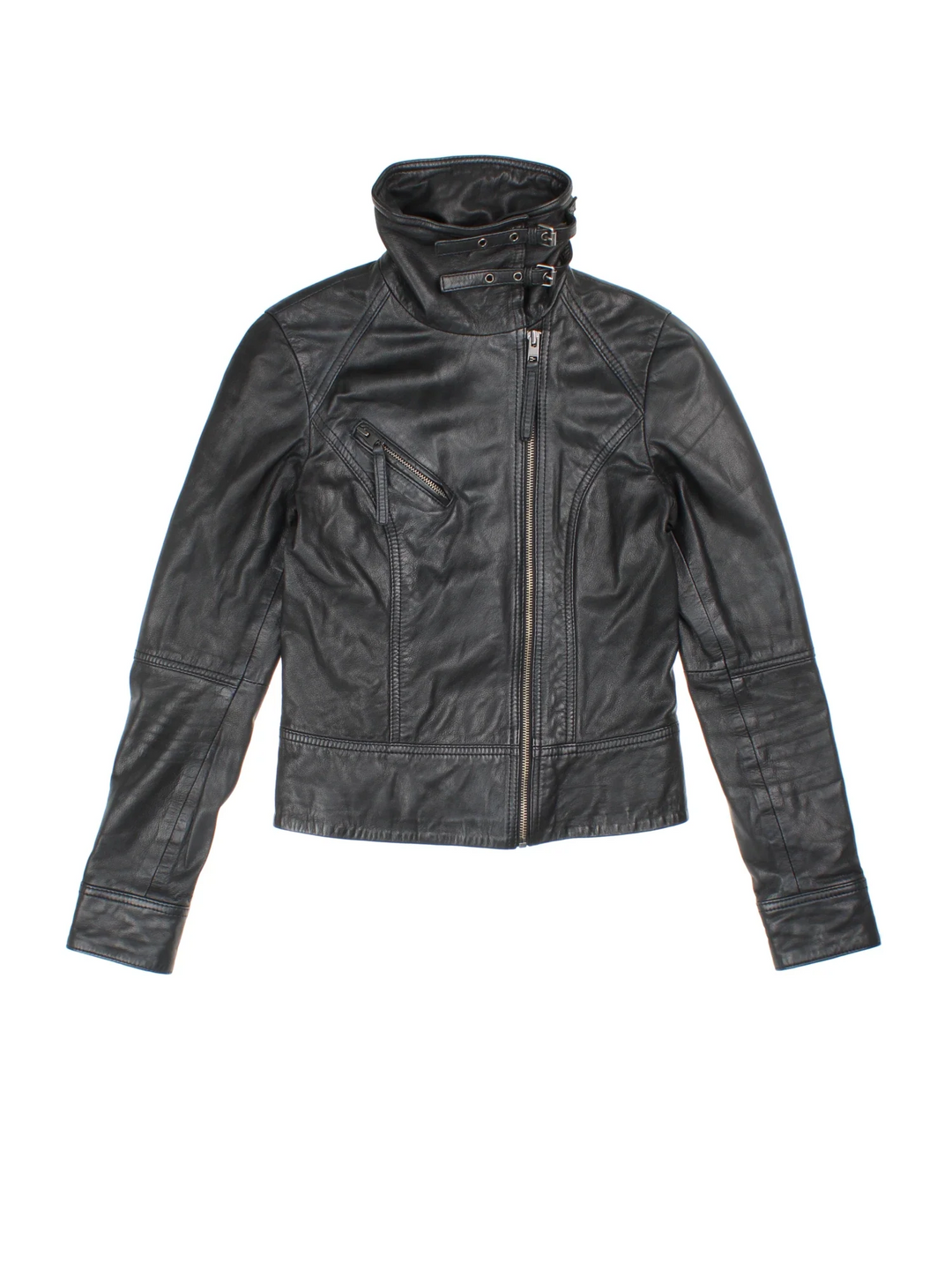 Y2K All Saints Belvedere Leather Jacket in a black colourway. Zips up and has a chest pocket, and big collar with belt strap details