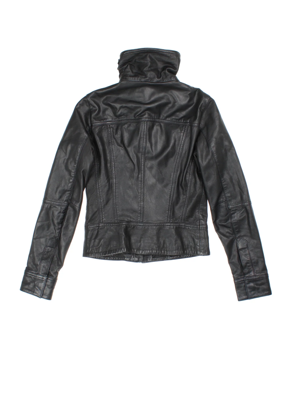 Y2K All Saints Belvedere Leather Jacket in a black colourway. Zips up and has a chest pocket, and big collar with belt strap details