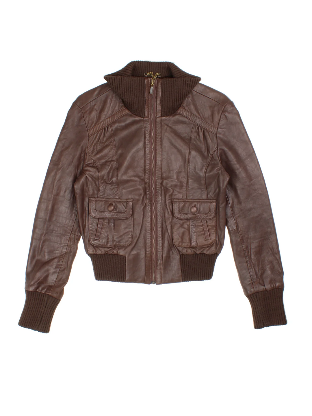 Y2K Oasis Leather Bomber Jacket in a brown colourway. Zips up and has front pockets, and ribbed knit collar and cuffs.
