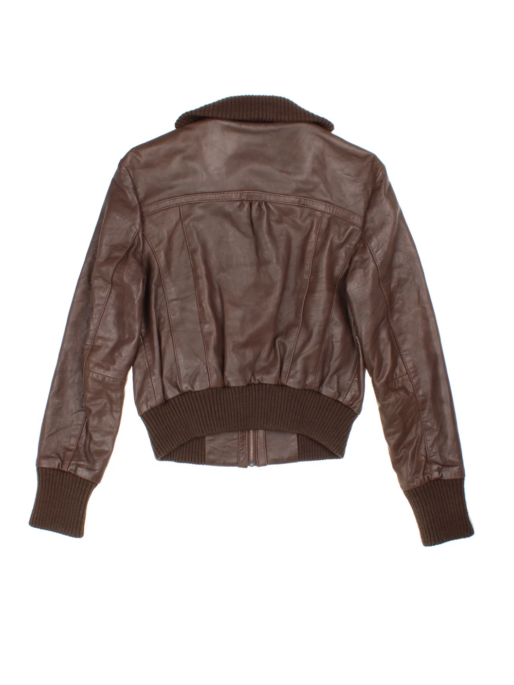 Y2K Oasis Leather Bomber Jacket in a brown colourway. Zips up and has front pockets, and ribbed knit collar and cuffs.