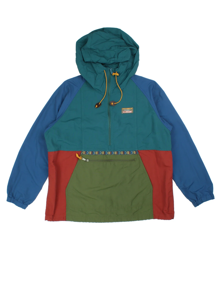 Vintage 90's L.L Bean Windbreaker Jacket in a green/blue colourway. Hooded with 1/2 zip, large front kangaroo and has the logo embroidered on the front.