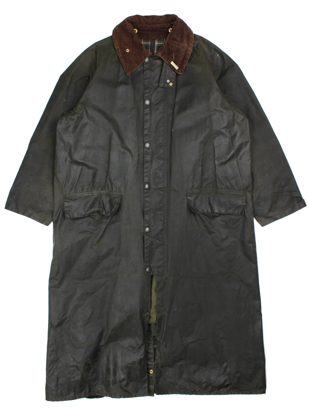 Barbour Burghley Wax Jacket in a green colourway. Zip/button fastening, with multiple pockets, cord collar detail, checked lining and branded badge.