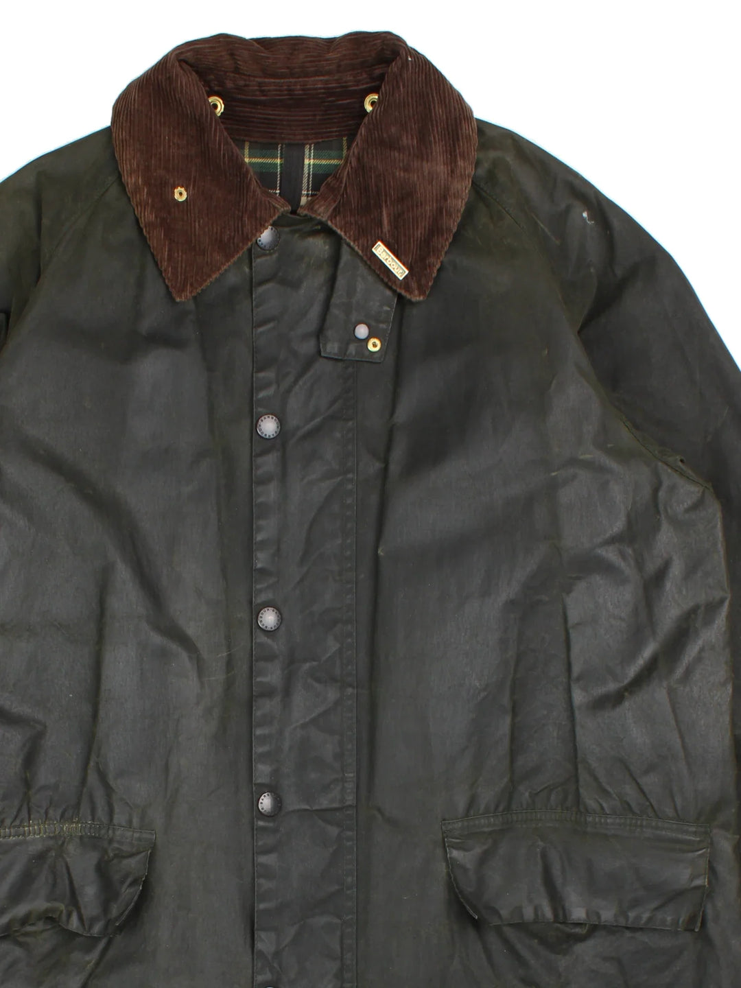 Barbour Burghley Wax Jacket in a green colourway. Zip/button fastening, with multiple pockets, cord collar detail, checked lining and branded badge.