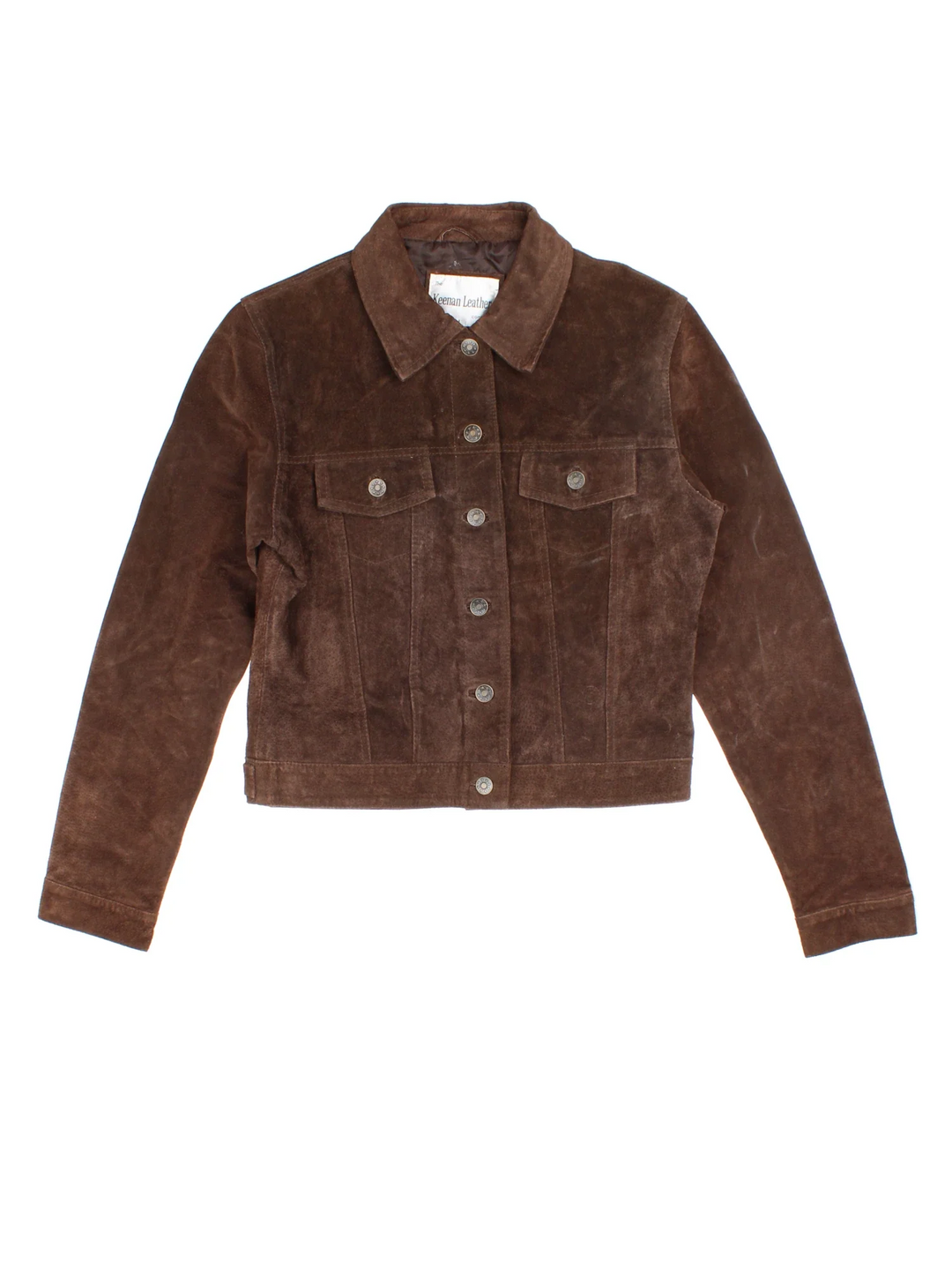Vintage 90's Suede Trucker Jacket in a brown colourway. Button fastening, front pocket deatil.