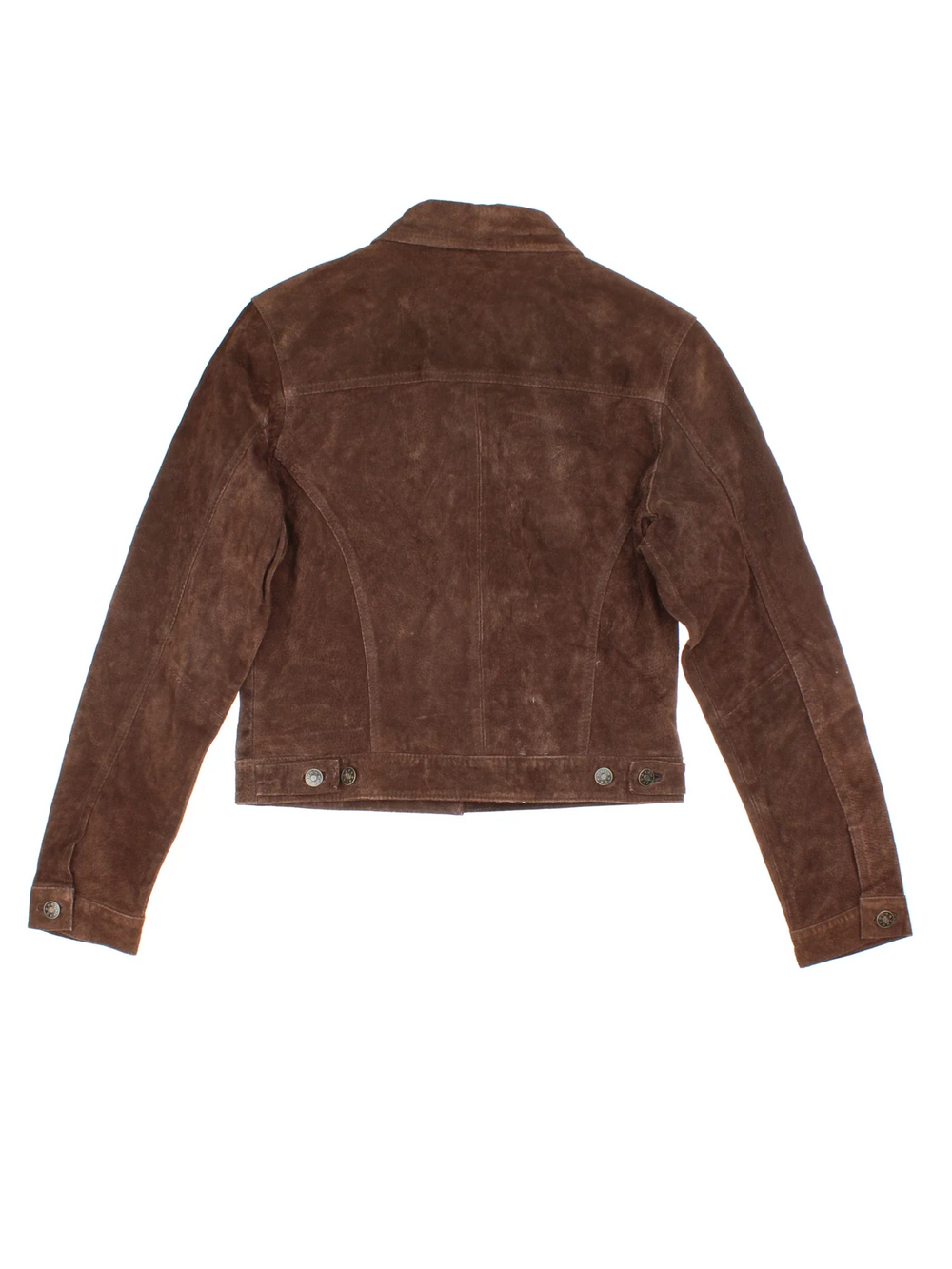 Vintage 90's Suede Trucker Jacket in a brown colourway. Button fastening, front pocket deatil.