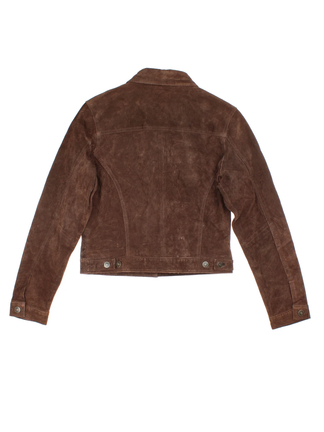 Vintage 90's Suede Trucker Jacket in a brown colourway. Button fastening, front pocket deatil.
