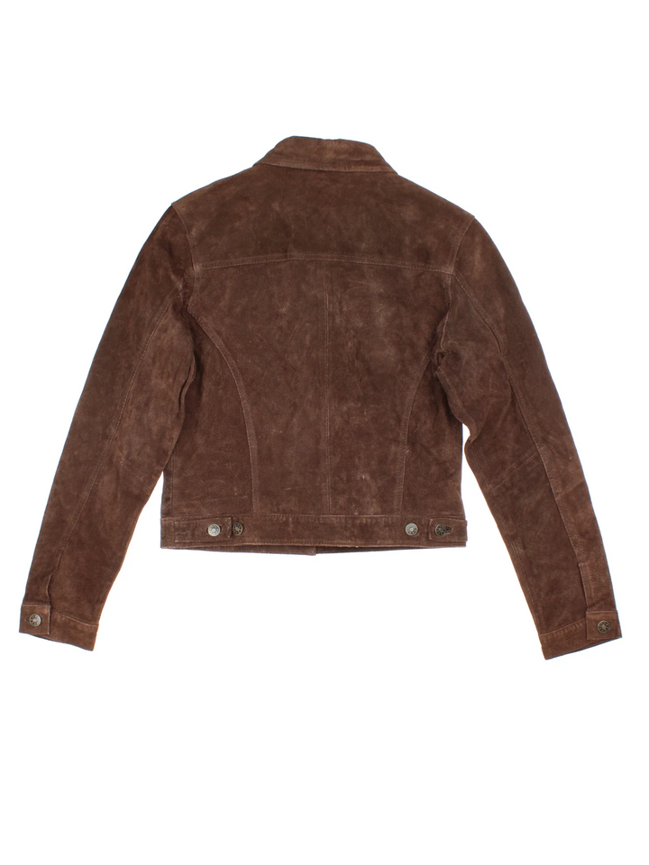 Vintage 90's Suede Trucker Jacket in a brown colourway. Button fastening, front pocket deatil.