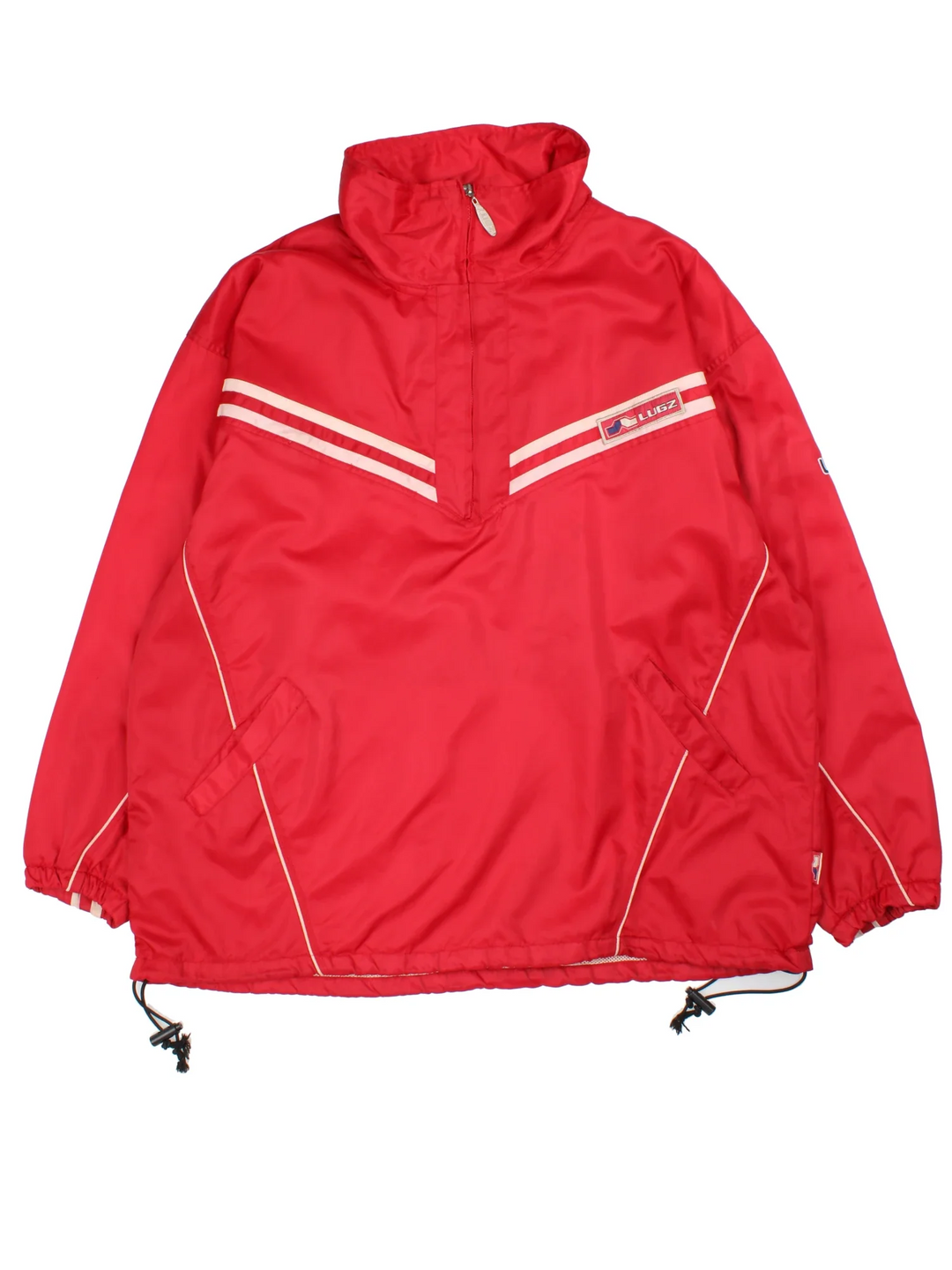 Vintage Lugz Shell Suit Jacket & Pants Set in a red colourway. Jacket has half zip up closure, side pockets, and the logo embroidered on the front and larger on the back. Pants have an elasticated waist with drawstring, pockets, mesh lining and the logo embroidered on the front and back