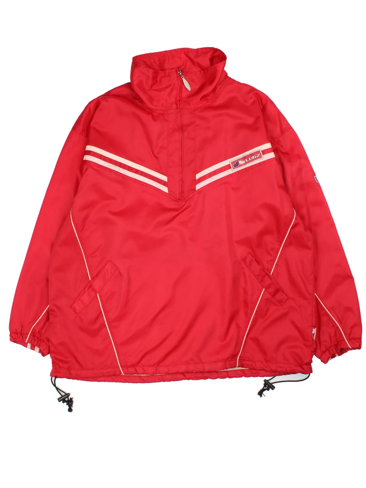 Vintage Lugz Shell Suit Jacket & Pants Set in a red colourway. Jacket has half zip up closure, side pockets, and the logo embroidered on the front and larger on the back. Pants have an elasticated waist with drawstring, pockets, mesh lining and the logo embroidered on the front and back