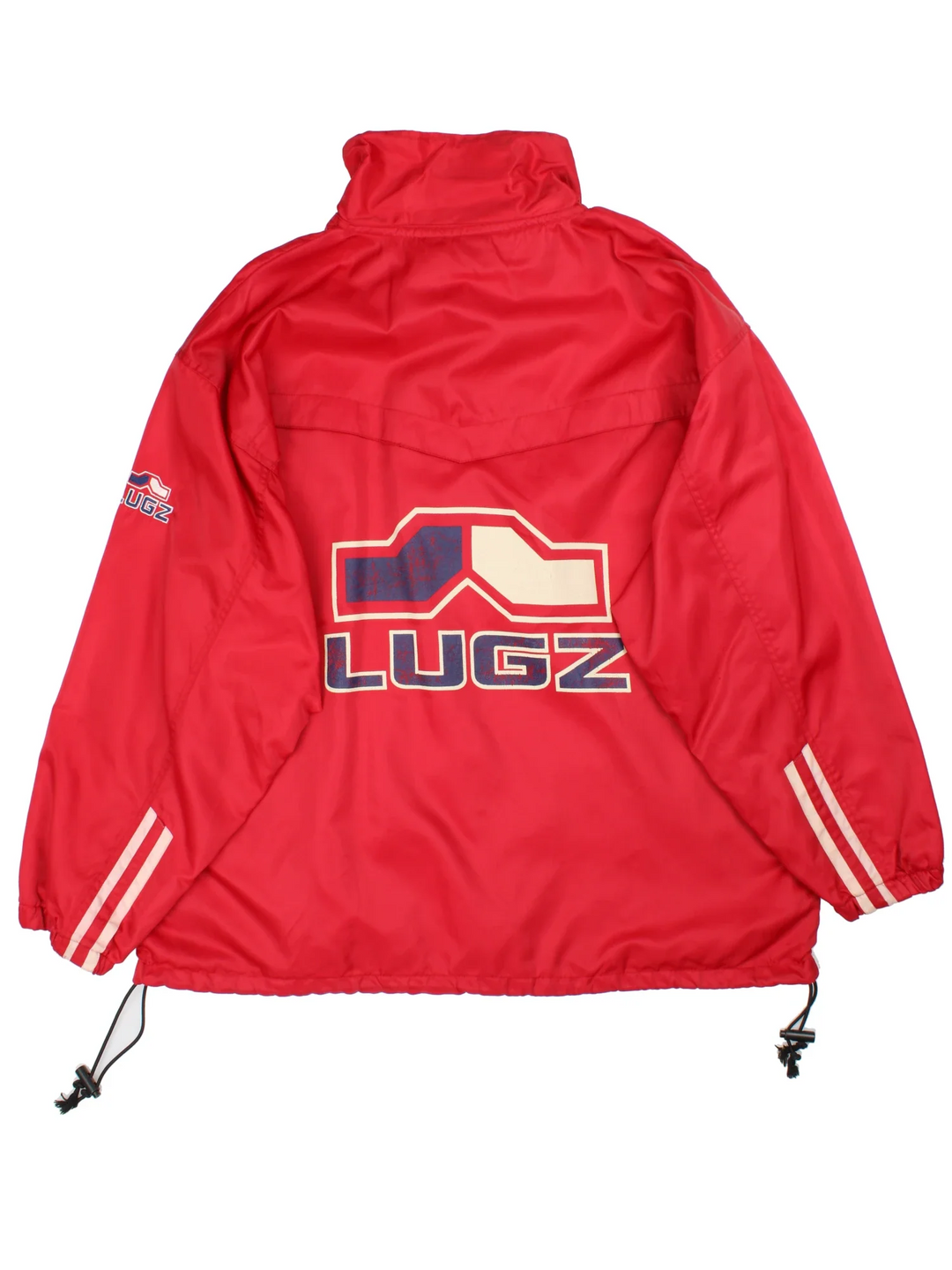 Vintage Lugz Shell Suit Jacket & Pants Set in a red colourway. Jacket has half zip up closure, side pockets, and the logo embroidered on the front and larger on the back. Pants have an elasticated waist with drawstring, pockets, mesh lining and the logo embroidered on the front and back