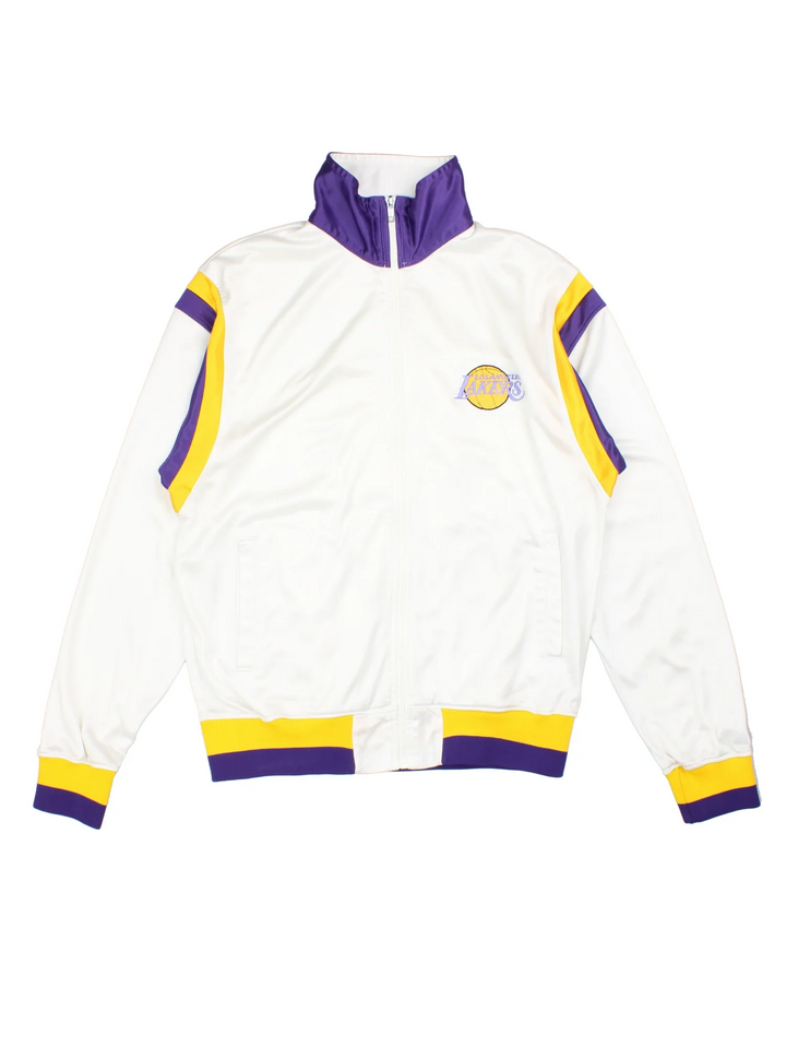 90's Los Angeles Lakers Starter Tracksuit Jacket in a white colourway with yellow and purple team colour detailing. Zip up closure, has side pockets, and the logo embroidered on the front.
