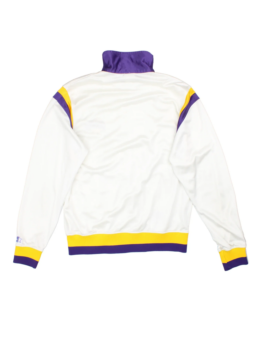 90's Los Angeles Lakers Starter Tracksuit Jacket in a white colourway with yellow and purple team colour detailing. Zip up closure, has side pockets, and the logo embroidered on the front.