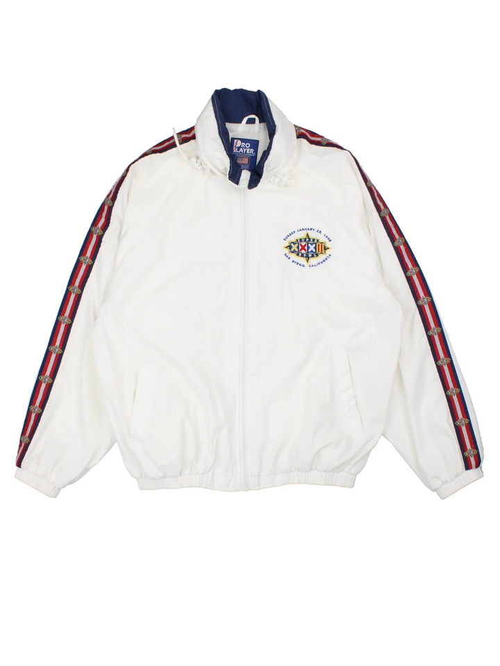 Vintage 1998 NFL Super Bowl Pro Player Jacket in a white colourway. Zip up closure, has side pockets, stripe detailing down the arms, hidden hood, and has the logo embroidered on the front and larger on the back.