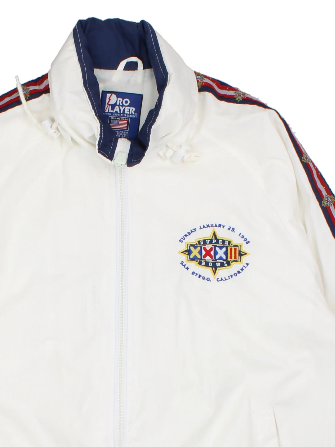 Vintage 1998 NFL Super Bowl Pro Player Jacket in a white colourway. Zip up closure, has side pockets, stripe detailing down the arms, hidden hood, and has the logo embroidered on the front and larger on the back.