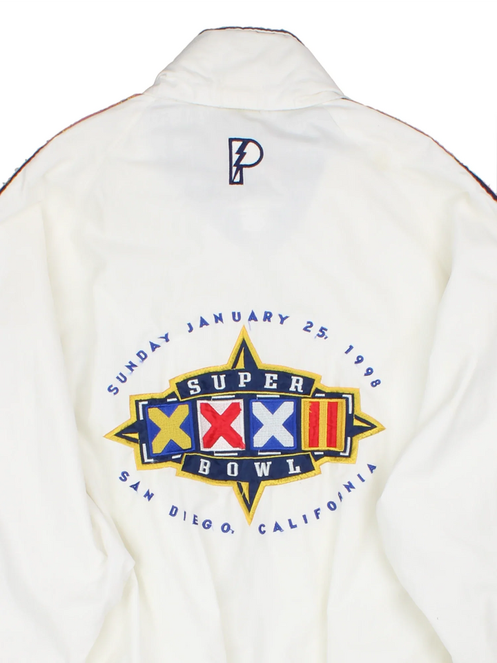 Vintage 1998 NFL Super Bowl Pro Player Jacket in a white colourway. Zip up closure, has side pockets, stripe detailing down the arms, hidden hood, and has the logo embroidered on the front and larger on the back.