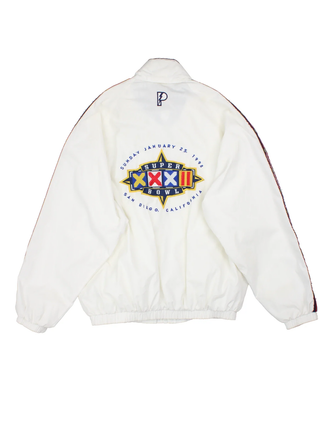 Vintage 1998 NFL Super Bowl Pro Player Jacket in a white colourway. Zip up closure, has side pockets, stripe detailing down the arms, hidden hood, and has the logo embroidered on the front and larger on the back.