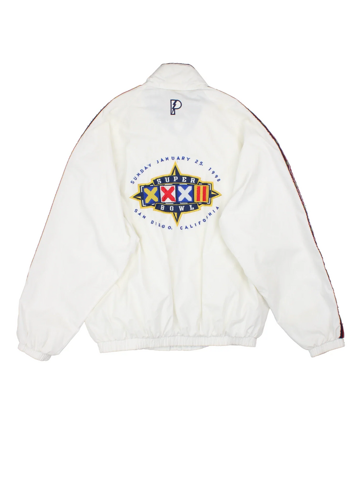 Vintage 1998 NFL Super Bowl Pro Player Jacket in a white colourway. Zip up closure, has side pockets, stripe detailing down the arms, hidden hood, and has the logo embroidered on the front and larger on the back.