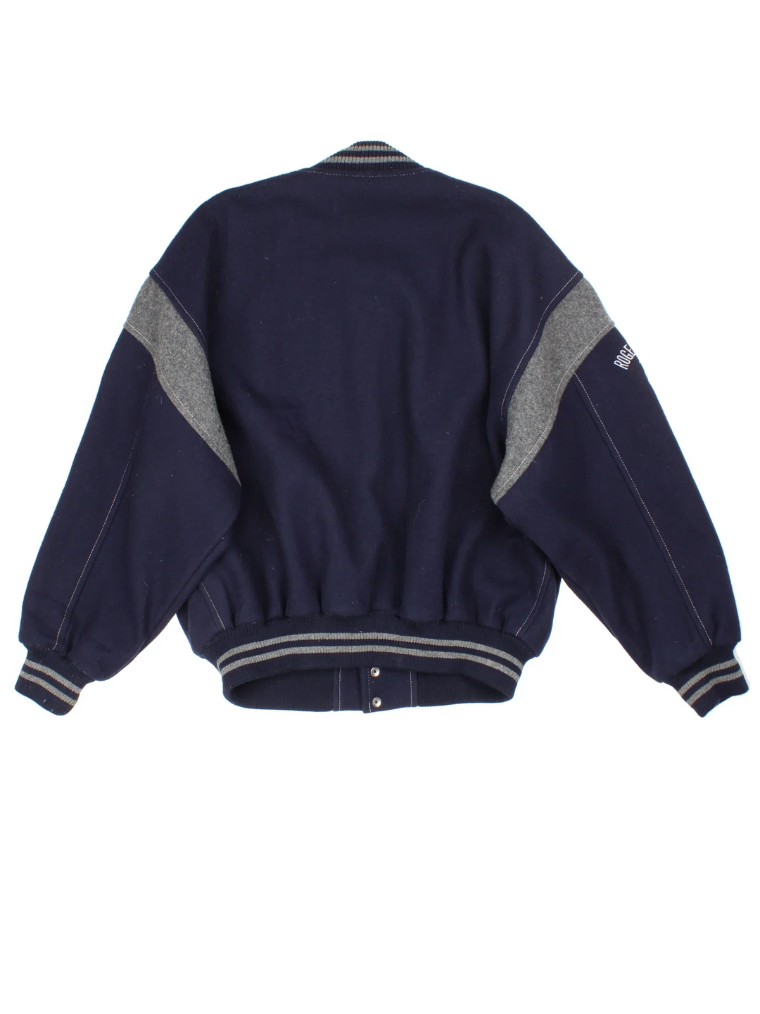 Vintage 90's Roger Edwards Sports Varsity Jacket in a blue colourway. Zip up closure, has side pockets, woollen with a insulated lining, and has the logos embroidered on the front and sleeves.