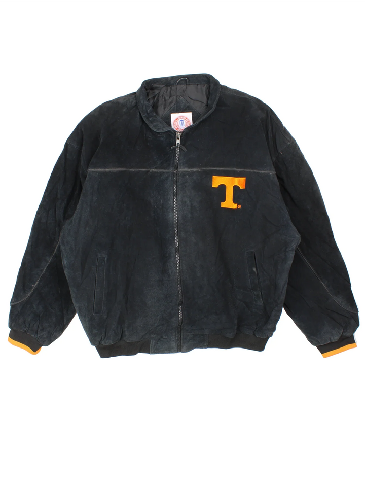 Vintage Tennessee Vols Suede Leather Jacket in a black colourway. Zip up closure, has side pockets, and the logo embroidered on the front and spell out on the back.