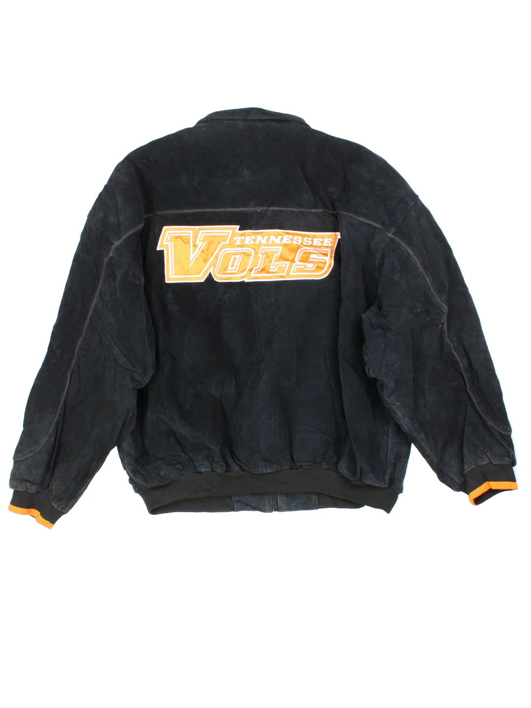 Vintage Tennessee Vols Suede Leather Jacket in a black colourway. Zip up closure, has side pockets, and the logo embroidered on the front and spell out on the back.