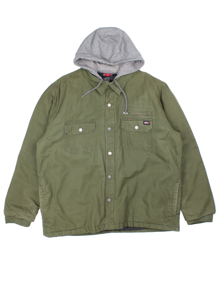 Dickies Hooded Work Jacket in a green and grey colourway. Zip and button up closure, has multiple pockets, insulated with a quilted lining, hooded, and has the logo embroidered on the front.