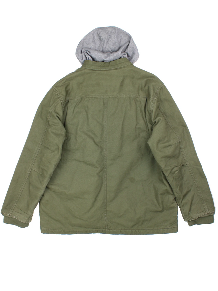 Dickies Hooded Work Jacket in a green and grey colourway. Zip and button up closure, has multiple pockets, insulated with a quilted lining, hooded, and has the logo embroidered on the front.