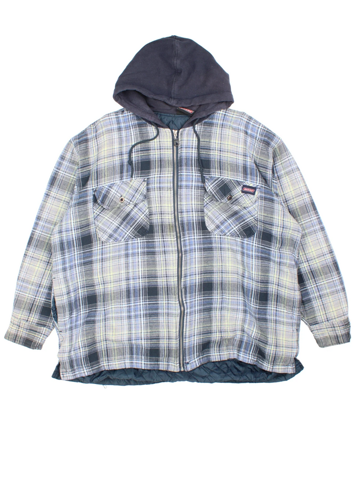 Dickies Hooded Flannel Jacket in a blue plaid pattern colourway. Zip up closure, has multiple pockets, insulated with a quilted lining, and has the logo embroidered on the front.