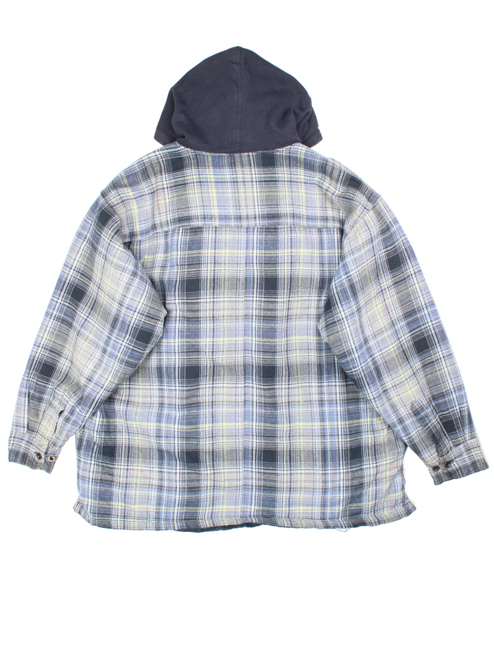 Dickies Hooded Flannel Jacket in a blue plaid pattern colourway. Zip up closure, has multiple pockets, insulated with a quilted lining, and has the logo embroidered on the front.