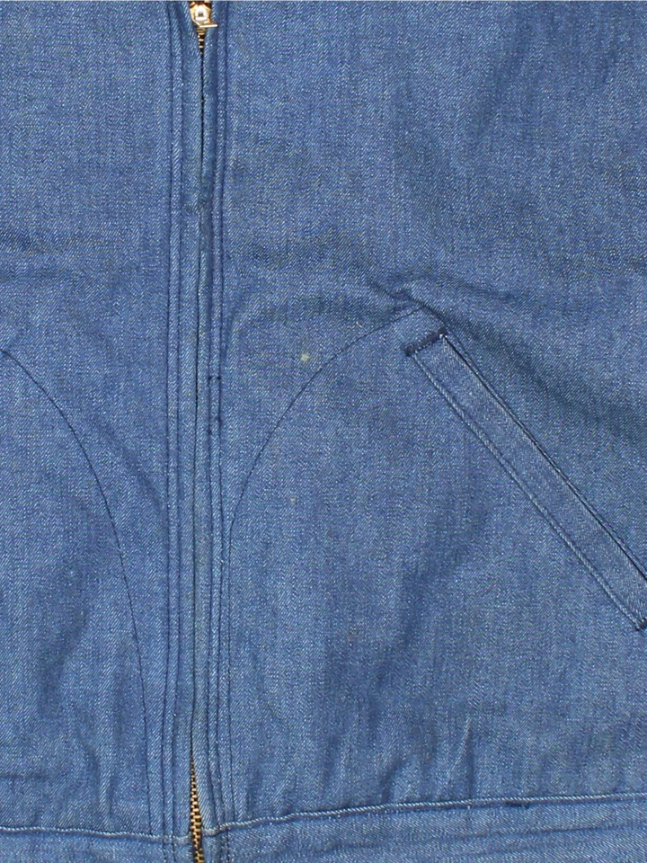 Vintage 80's Wrangler Big Ben Work Jacket in a blue colourway with a black corduroy collar. Zip up closure, has side pockets, blanket lining, and has 'Public Works Centre' spell out printed on the back.