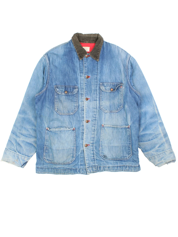 Vintage 60's Big Mac By JCPenney Chore Work Jacket in a blue colourway. Button up closure, has multiple pockets, insulated with a quilted lining, and has a corduroy collar.